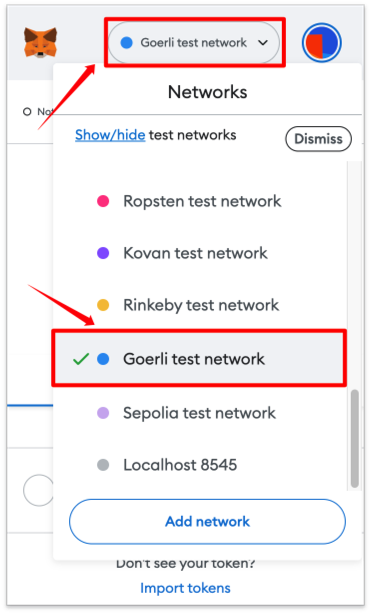 Switch metamask network to goerli